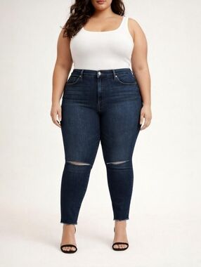 Good American Good Waist Crop Skinny Jeans Sculpting Dark Wash Ripped Knee 24